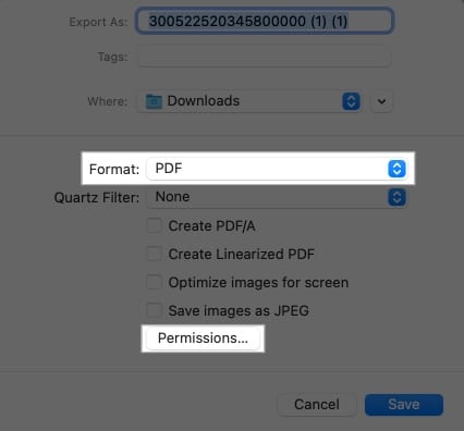 Configuring format and permissions in the Export window for Preview on a Mac