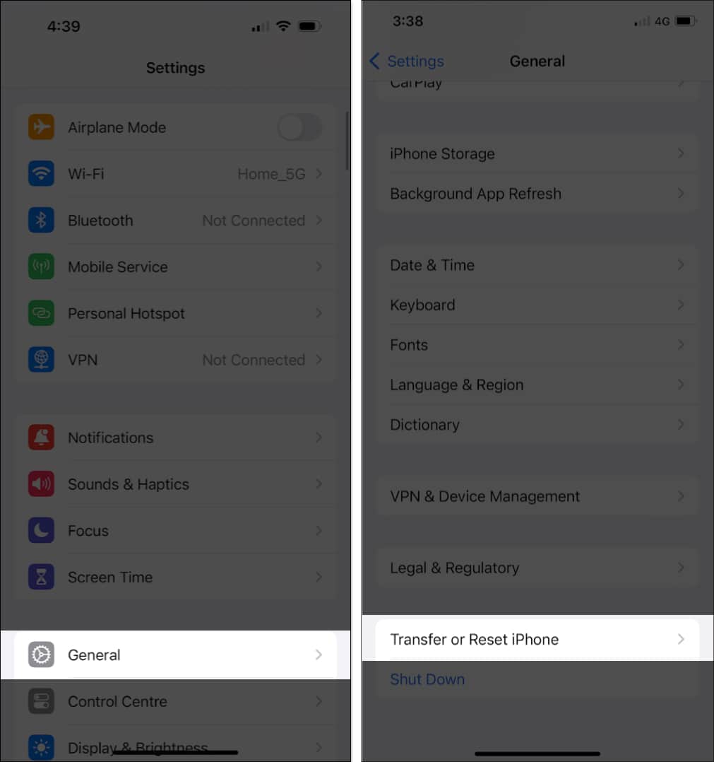 Accessing the Transfer or Reset iPhone option in iPhone Settings