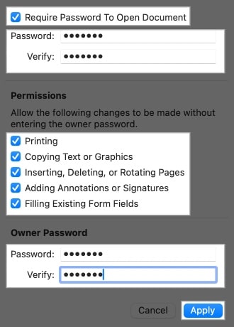 Entering passwords and configuring PDF permissions in the Preview app on a Mac