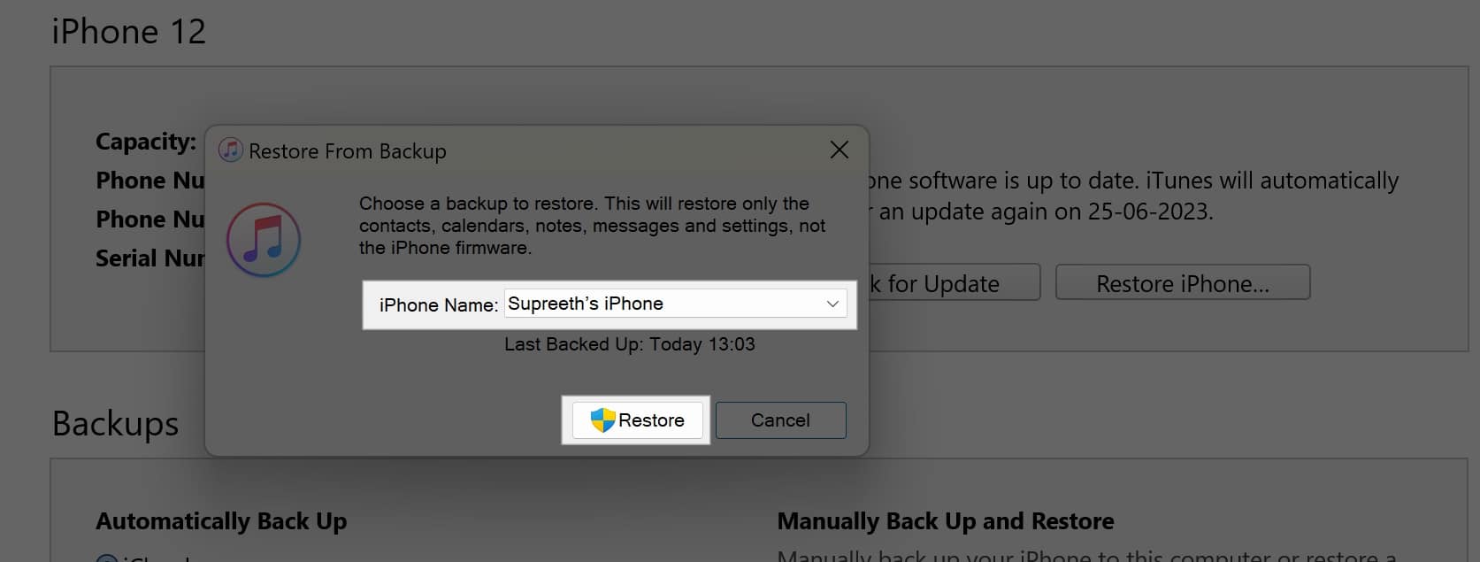 Selecting the local backup to restore on the new iPhone