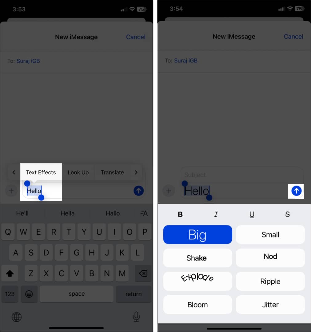 Selecting Text Effects for a message in the Messages app in iOS 18