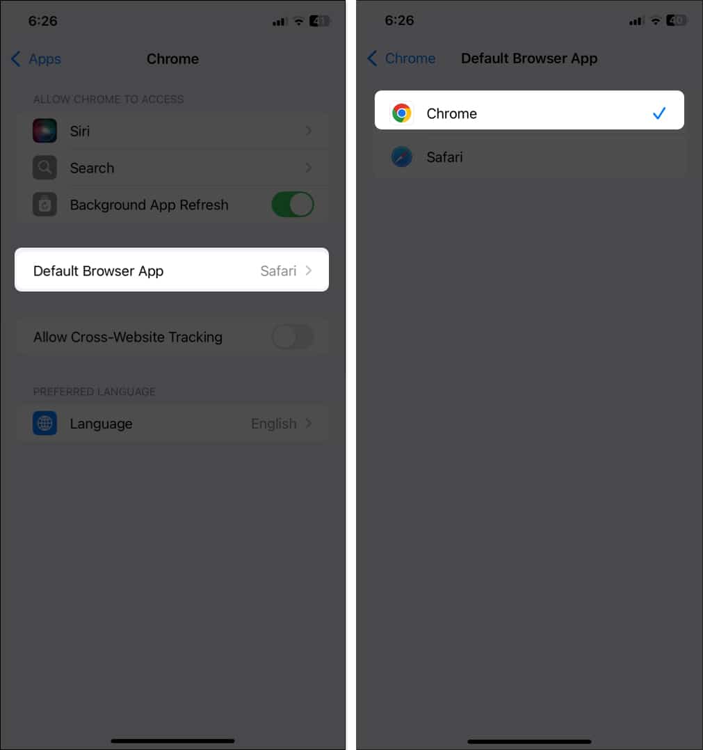 Setting Chrome as the default browser app on an iPhone