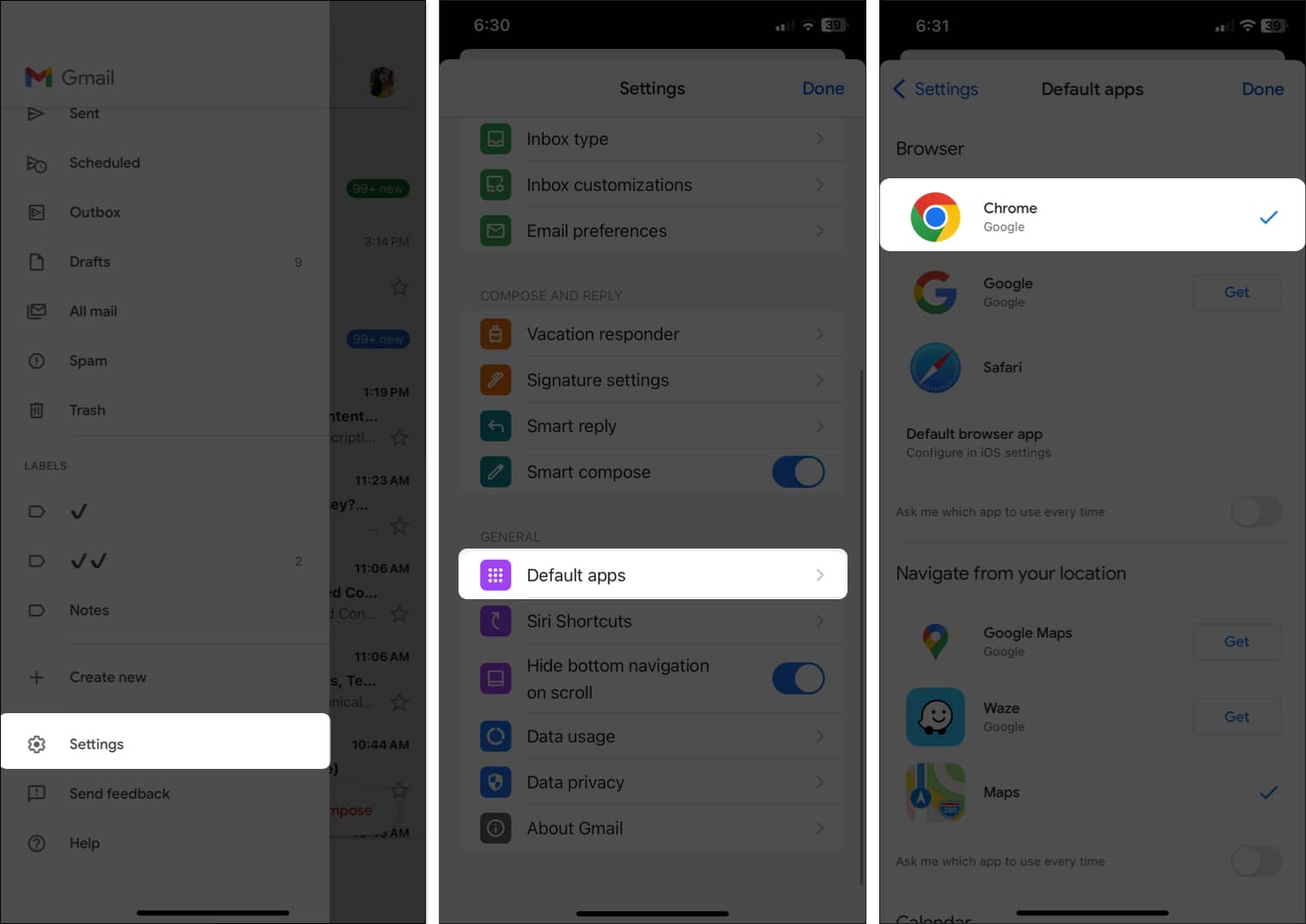 Ställer in Chrome som standardwebbläsare för Gmail-appen på en iPhone