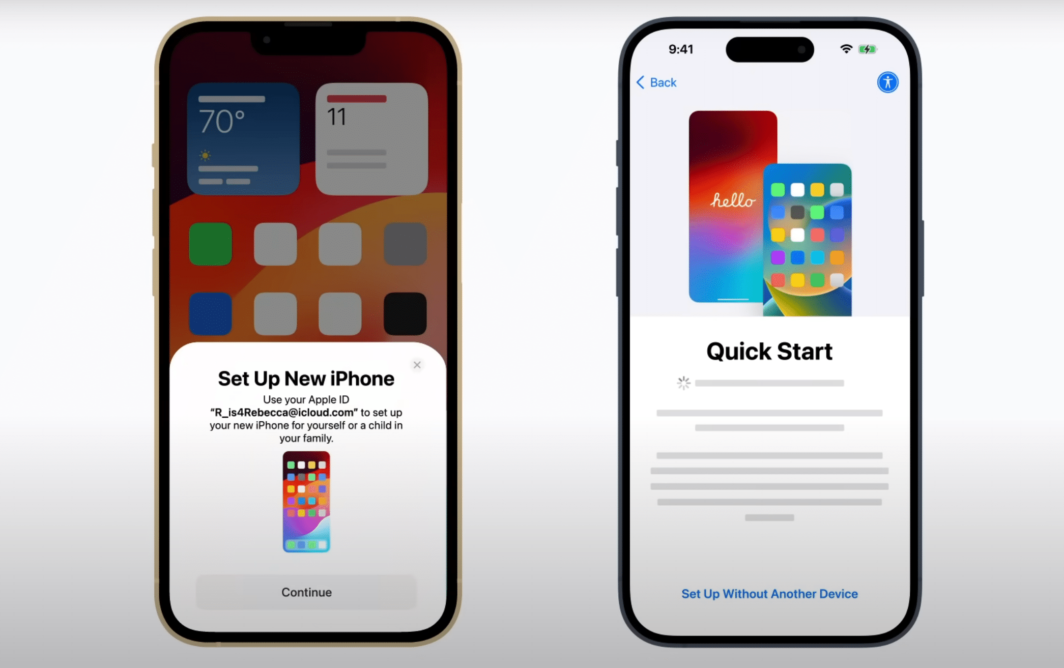 Quick Start screen on the iPhone during initial setup