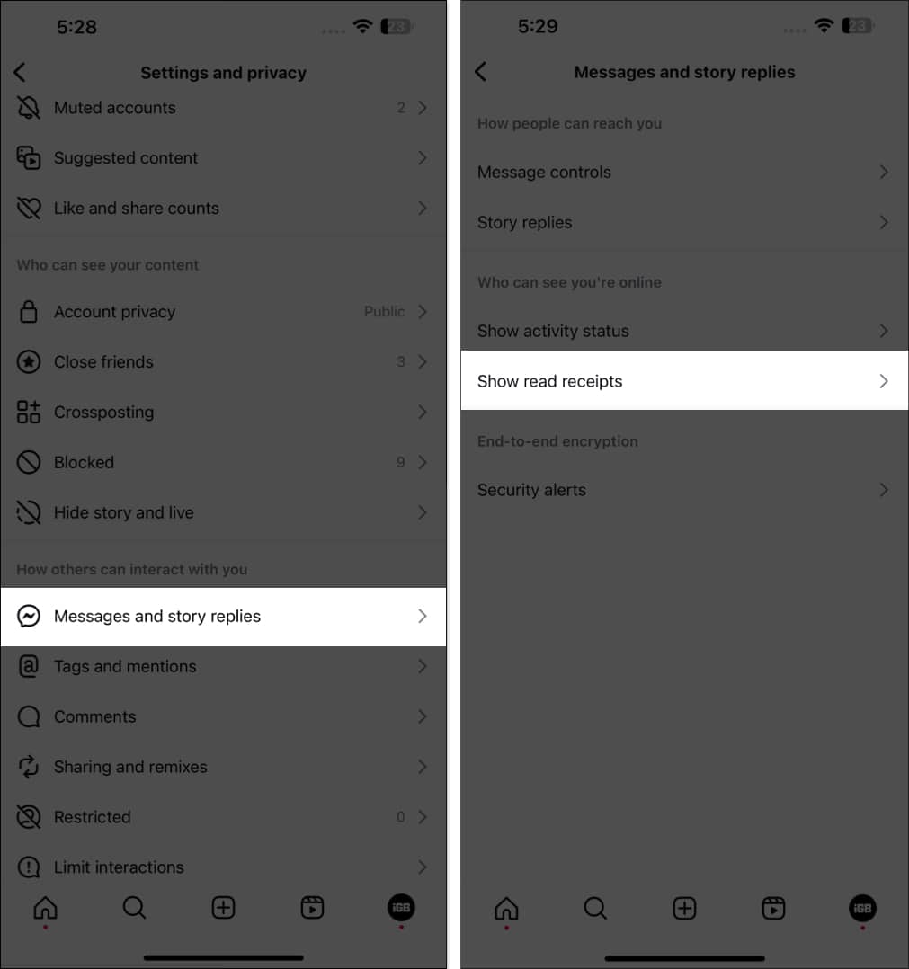 Tap on Show read receipts in Messages and story replies settings
