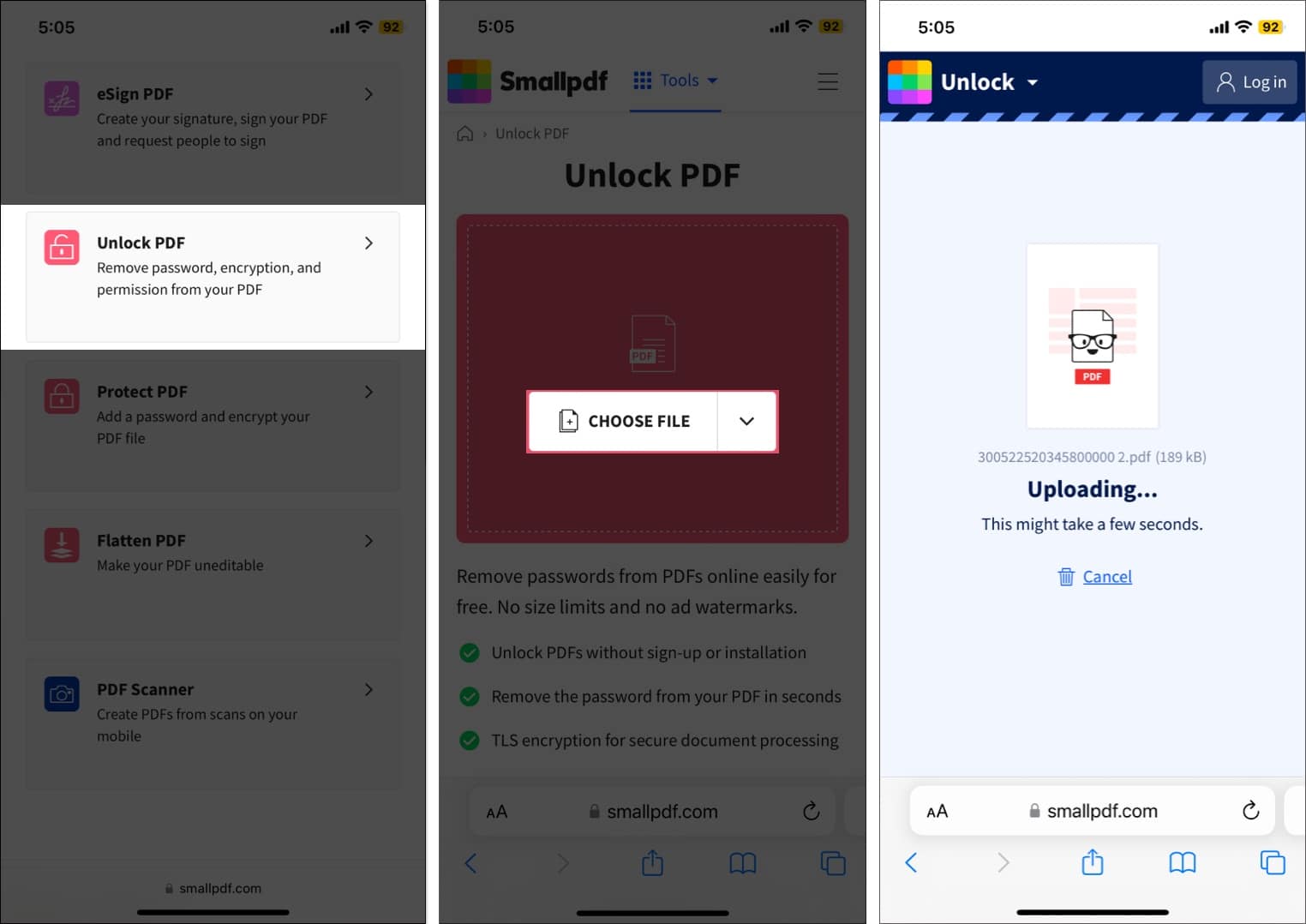 Uploading the locked PDF document to the SmallPDF website on an iPhone