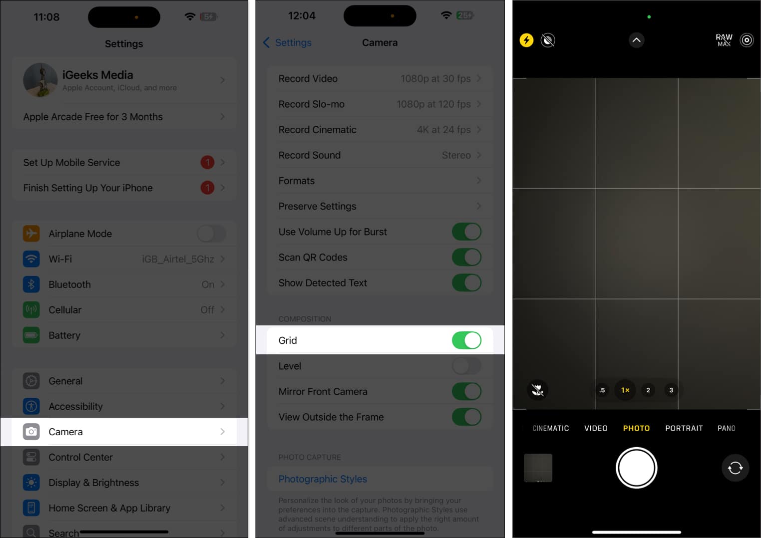 Toggle on Grid option in Camera settings on an iPhone