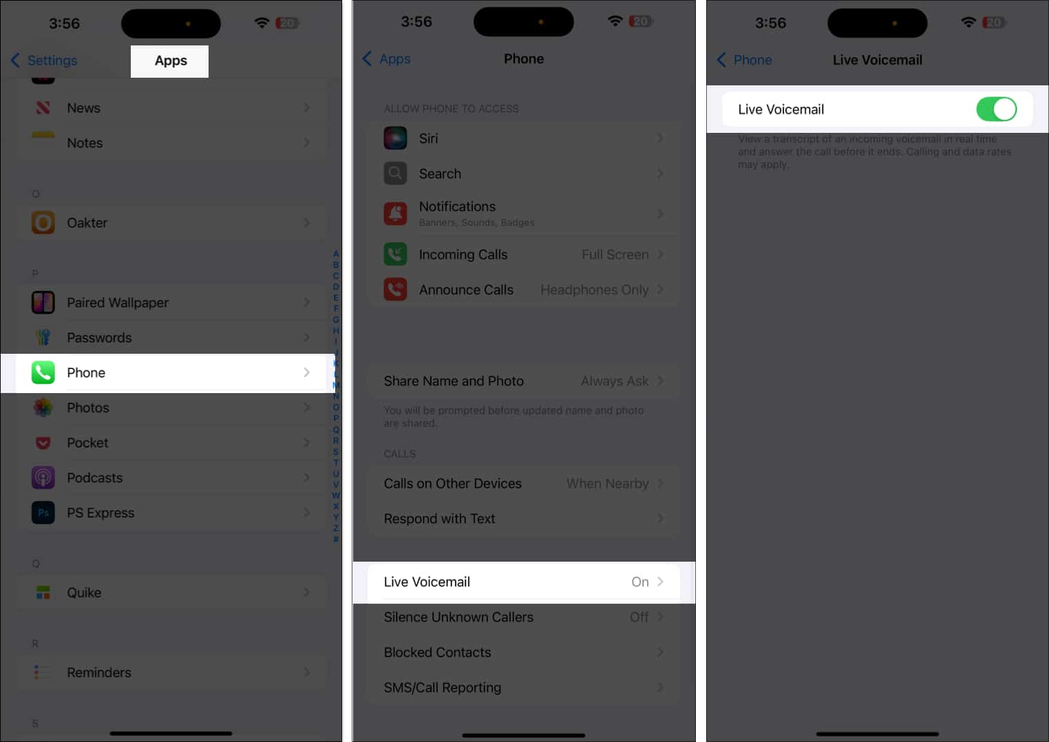 Toggle on Live Voicemail in Phone app settings on iPhone
