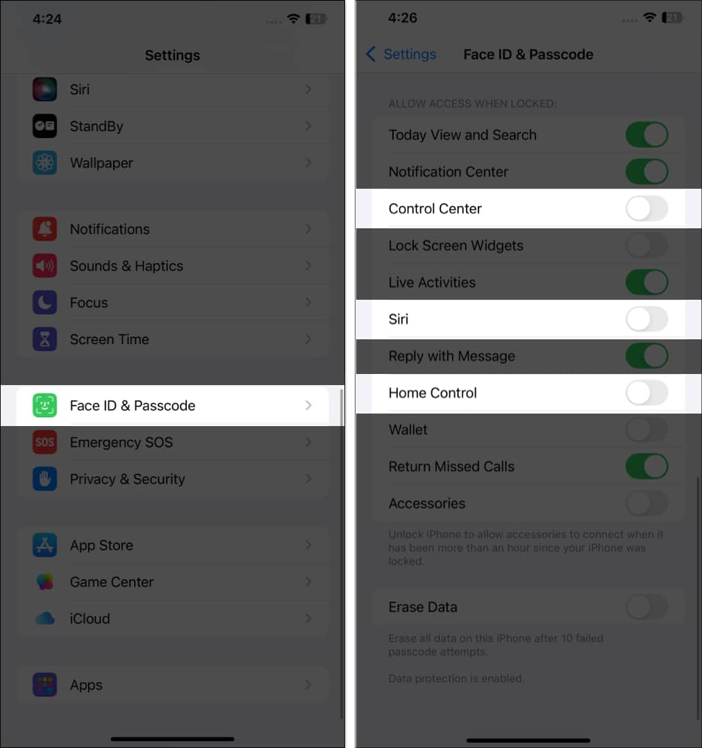 Turn off Control Center Siri and Home Control settings on iPhone