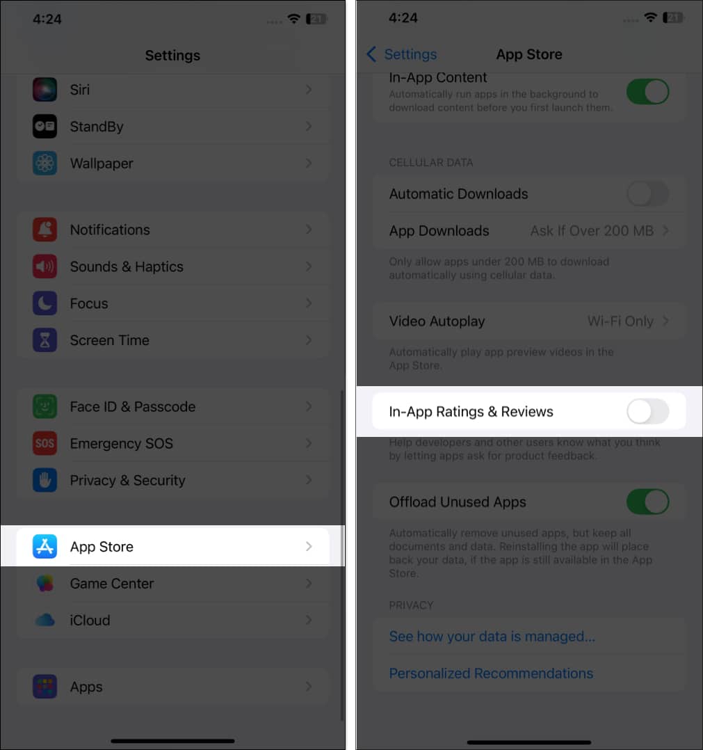 Turn off In App Ratings and Reviews in App Store settings