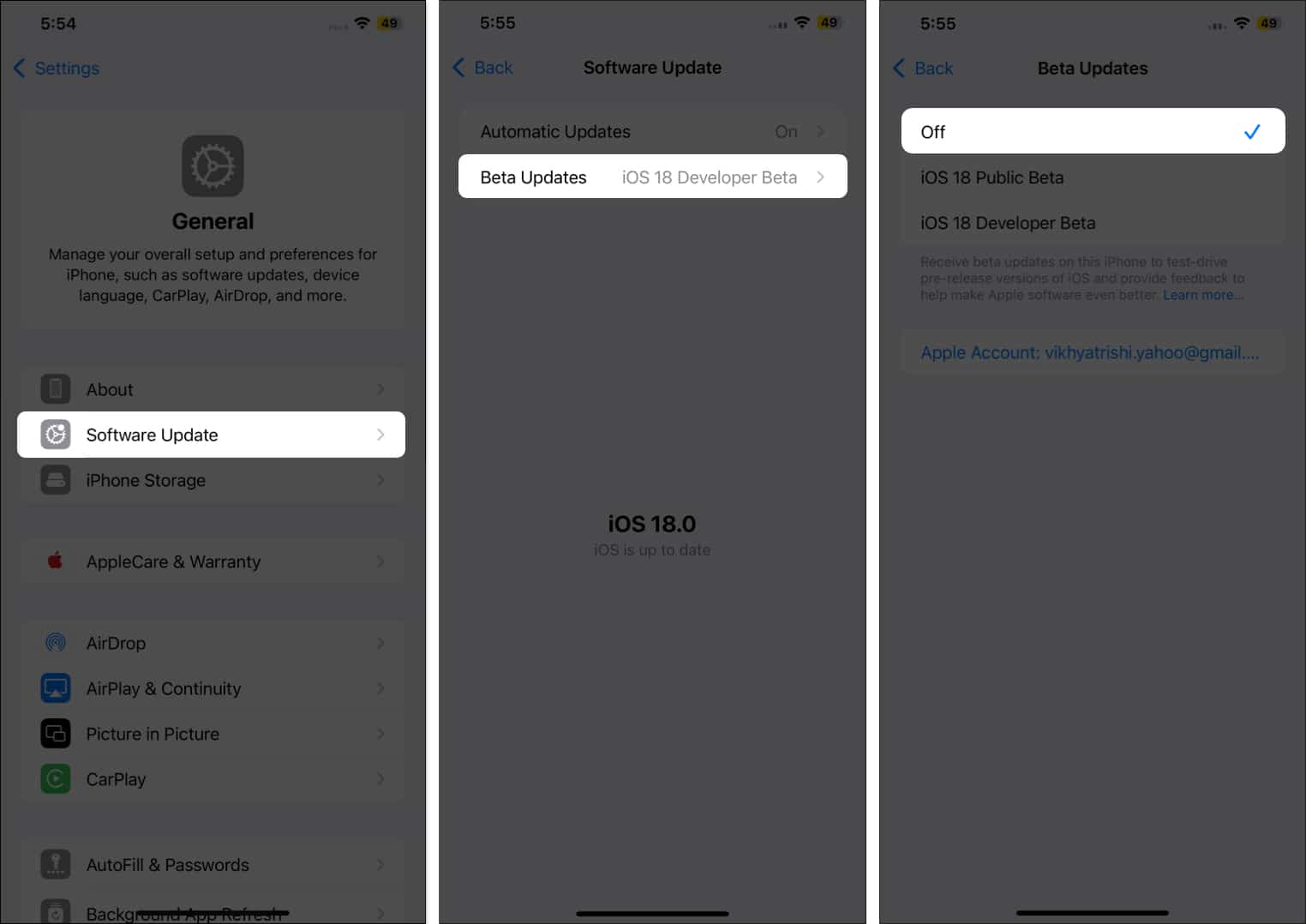 Turn off iOS 18 beta updates on iPhone