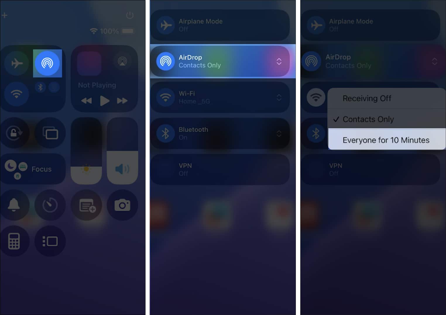 Enabling AirDrop on an iPhone from the Control Center