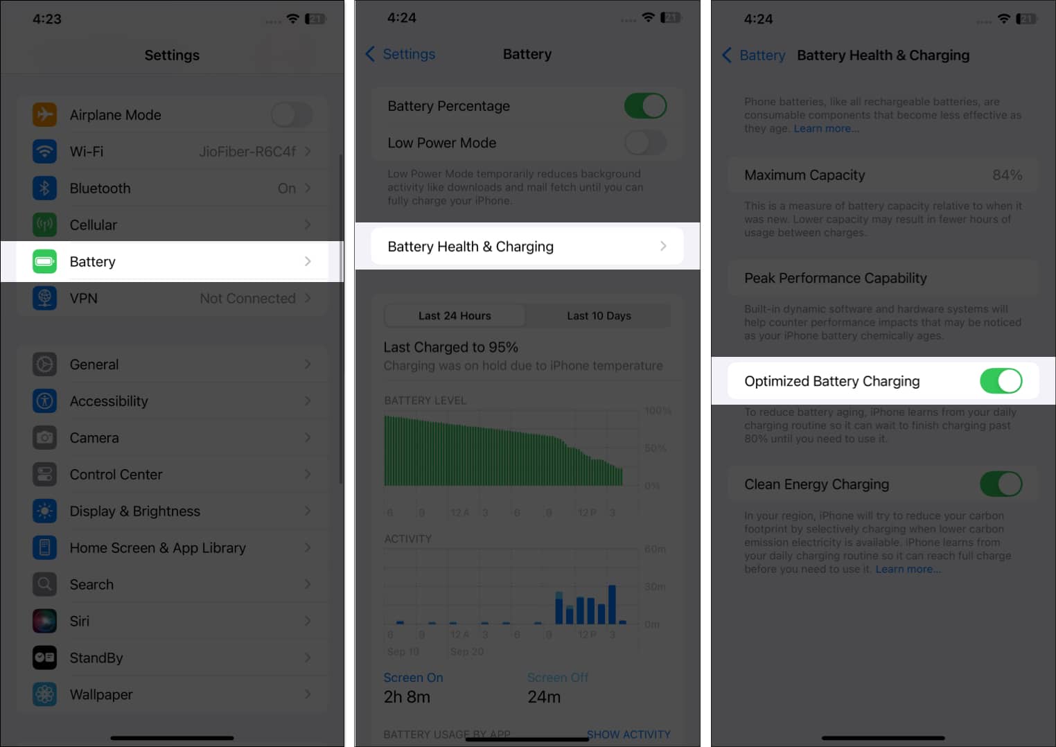 Turn on Optimsed Battery Charging in Battery Health and Charging settings