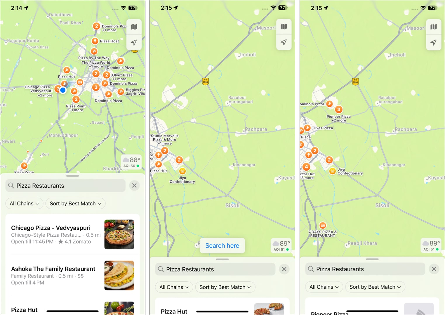 Using the Search Here feature in Apple Map on an iPhone to locate pizza restaurants