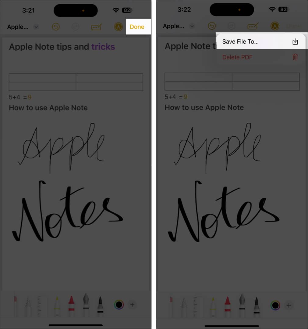 Saving a note in the Apple Notes app a a PDF