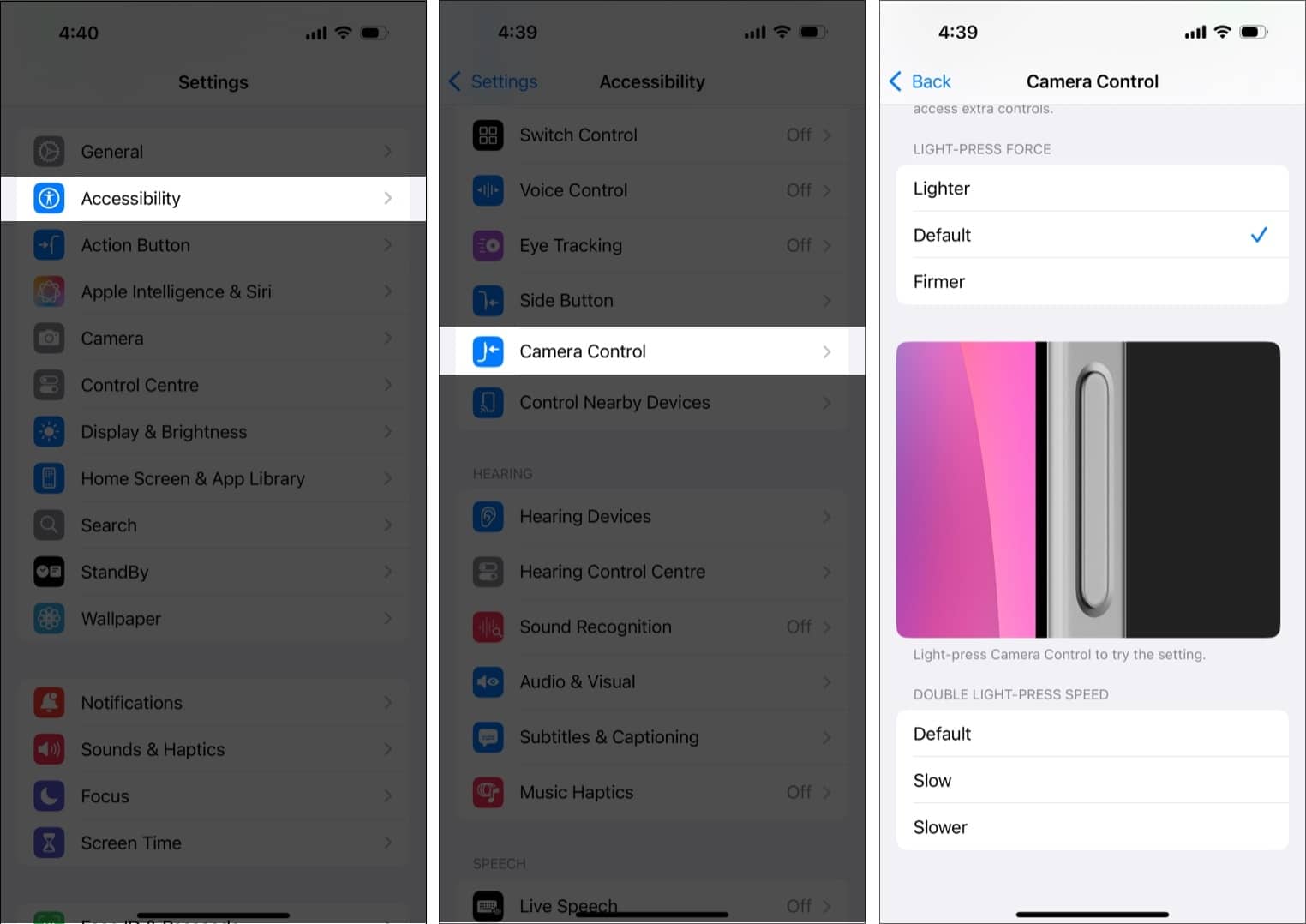 Adjusting iPhone 16 Camera Control's Light-Press Force pressure.