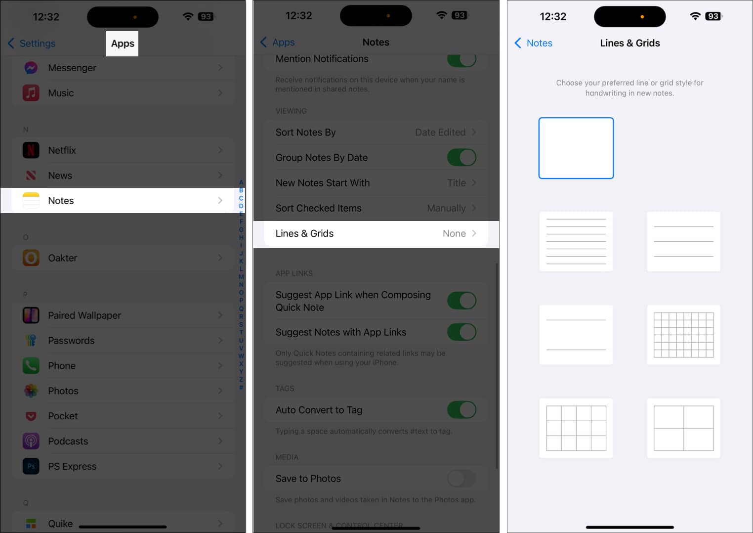 Applying lines and grids to notes in the Apple Notes app by default