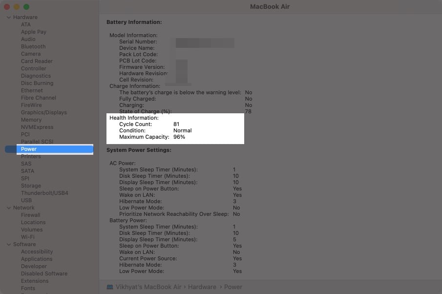 Kontrollera antalet battericykler och kapacitet för MacBook under Strömalternativ