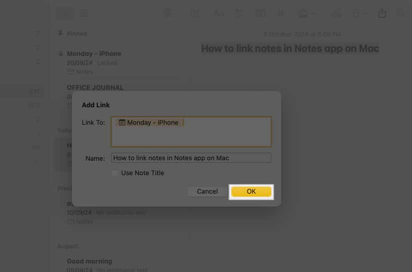 Click Ok to link notes on Mac