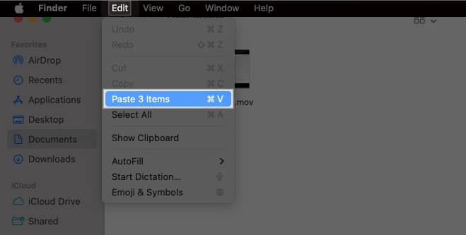 Paste option in the menu bar of the Finder app