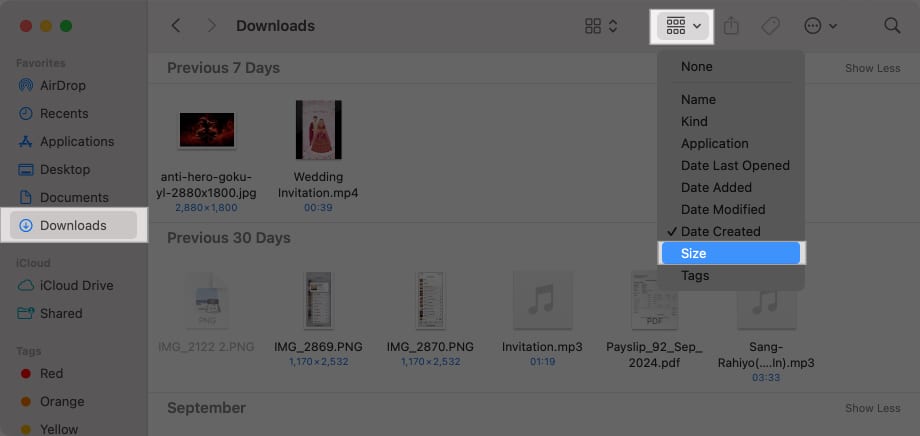 Mac-da Finder proqramında elementləri ölçüyə görə çeşidləyin