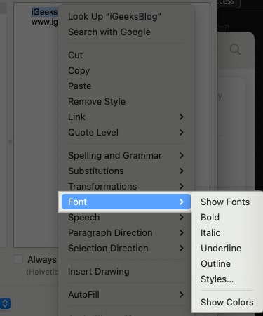 Customizing font style for the custom signature in the Mail app on a Mac