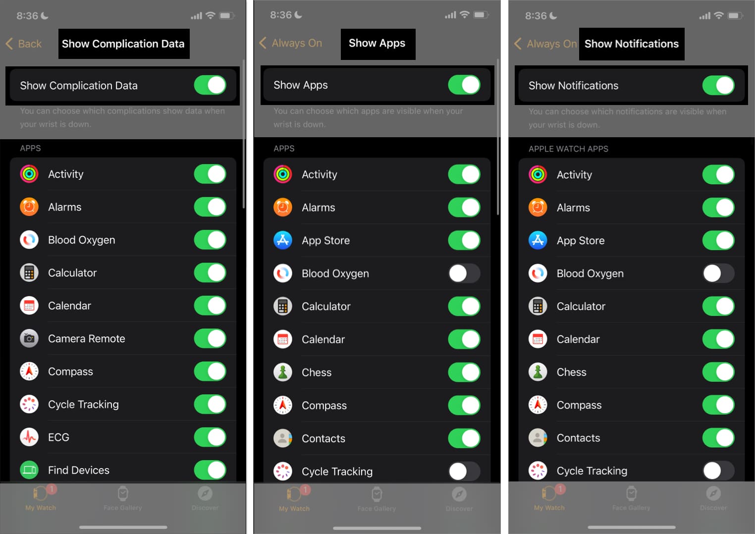 Customizing what complications and notifications appear on the Always On mode on an Apple Watch