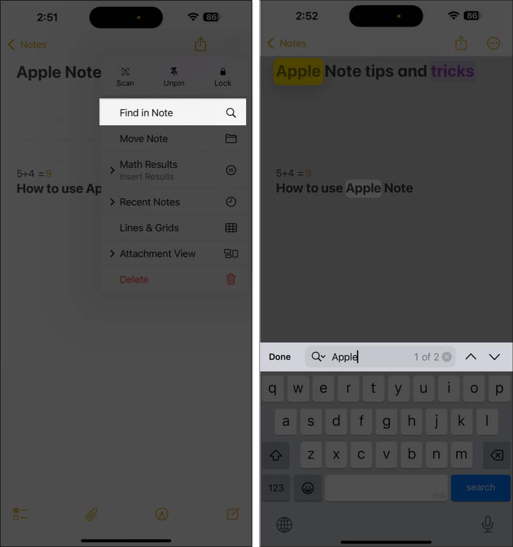 Finding text in the Apple Notes app