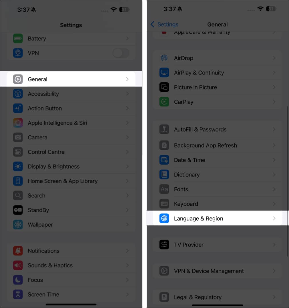 Accessing the Langauge  Region page in iPhone Settings app