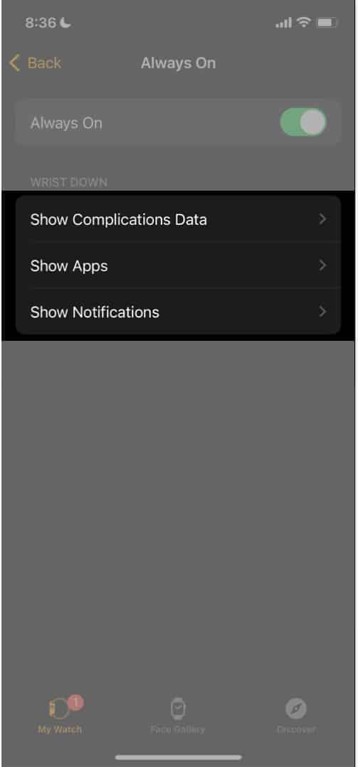 Always On settings page on the Watch app on an iPhone