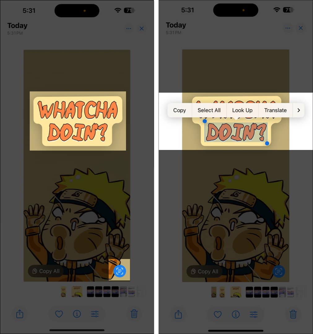 Copying text from an image in the iOS Photos app.