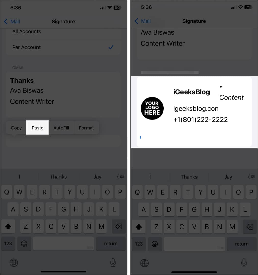 Pasting custom email signature from the Email Signature Pro app in the Mail app settings on an iPhone