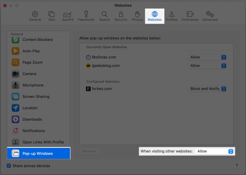 Allowing pop ups for all websites in Safari on a Mac