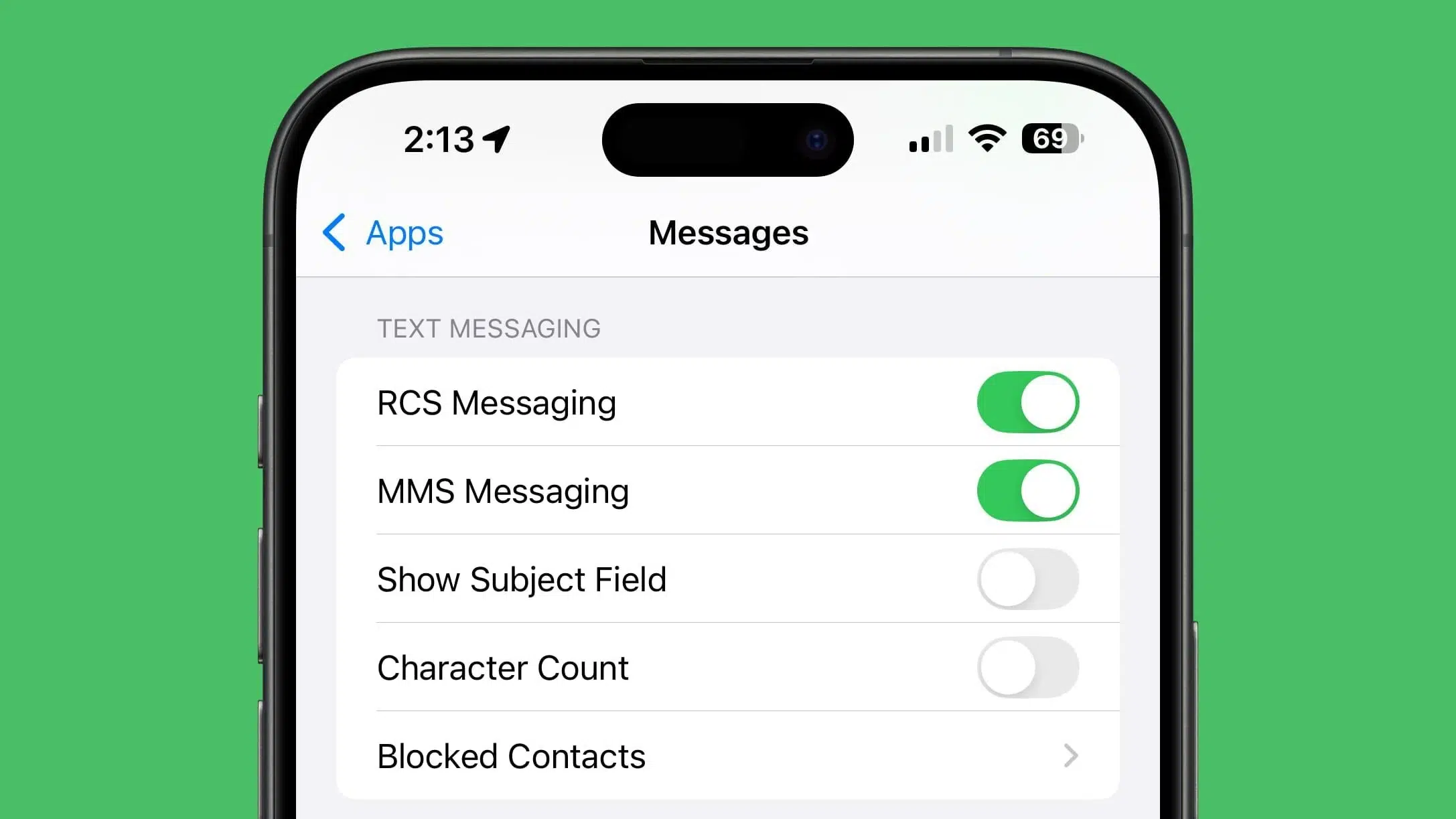 Az RCS Messaging opció be van kapcsolva az iPhone Beállítások alkalmazásában