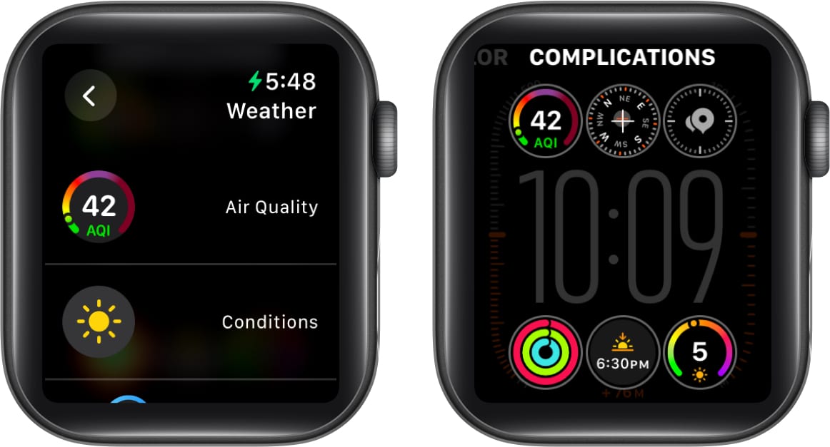 Selecting the AQI complication for the Weather app on an Apple Watch