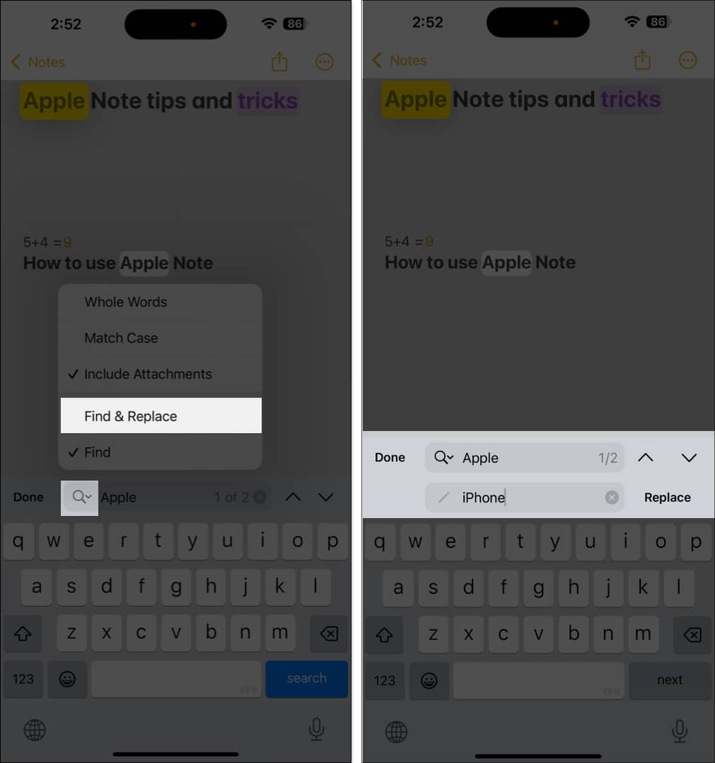 Finding and replacing a word in the Apple Notes app on an iPhone