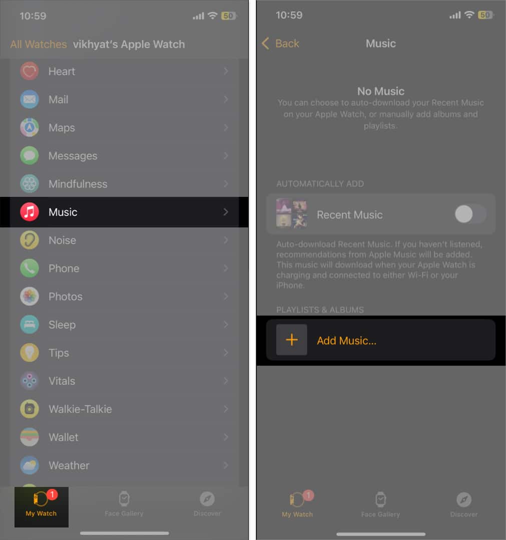 Adding music to the Apple Watch using the Watch app on an iPhone