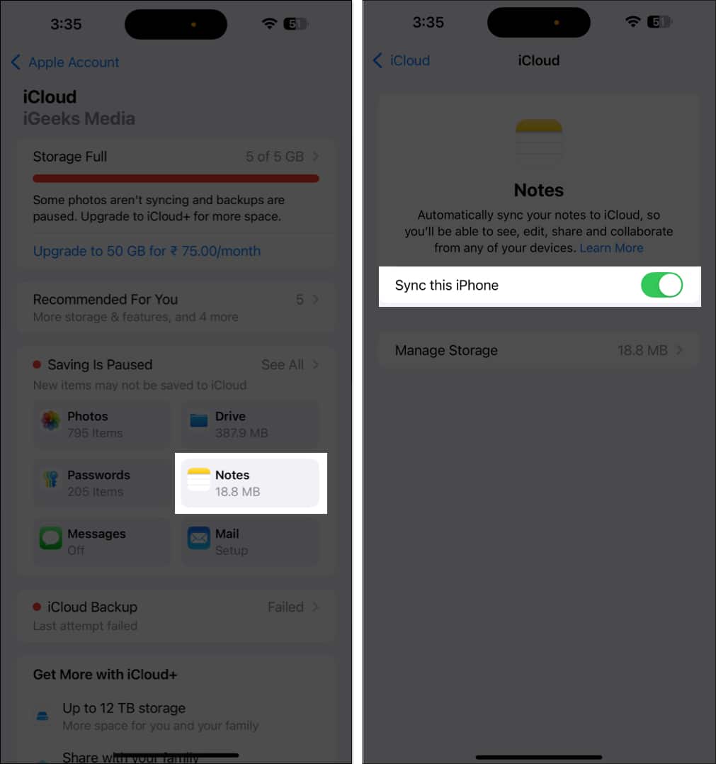 Enabling iCloud sync for Apple Notes app