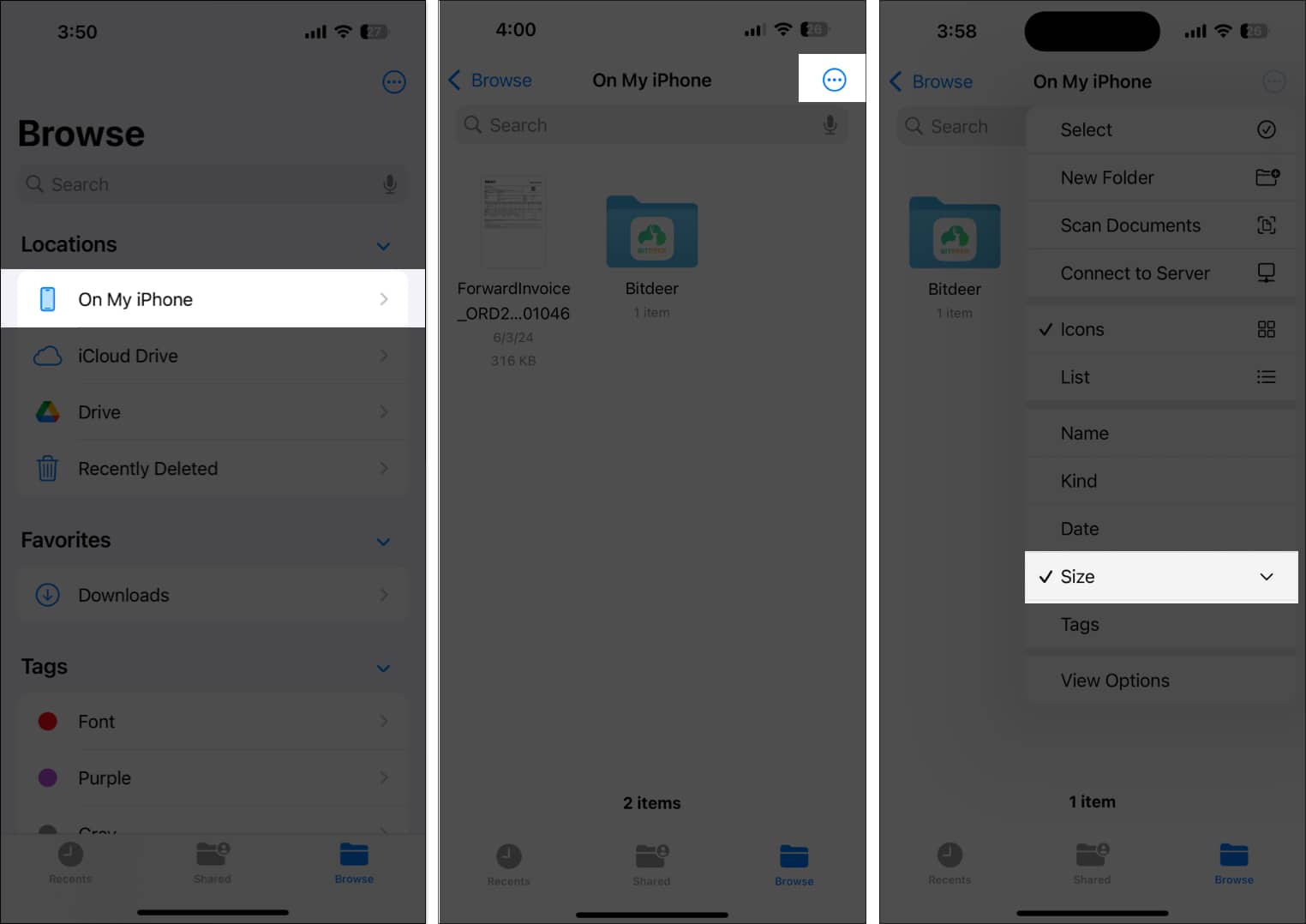 Filtering files by size in the iPhone Files app