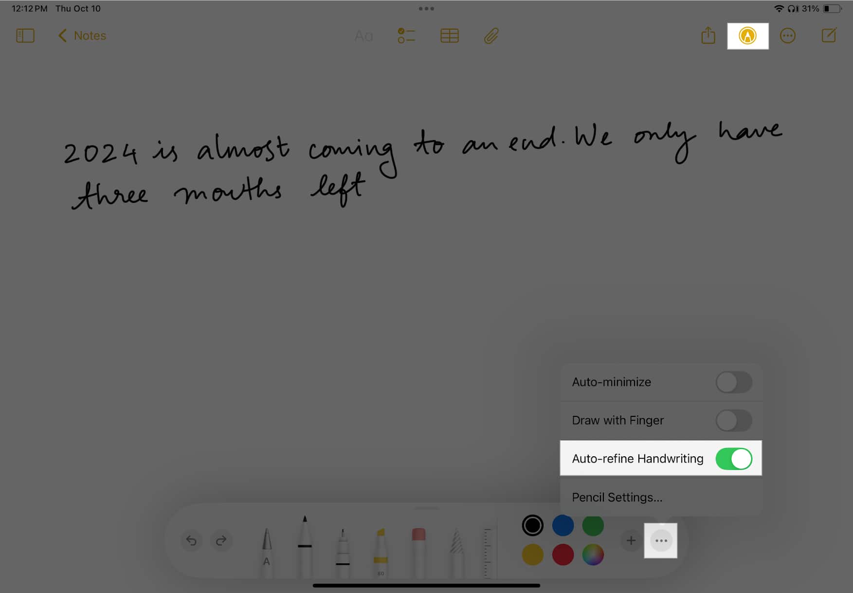 Turning on the Auto refine Handwriting option in the Notes app on an iPad