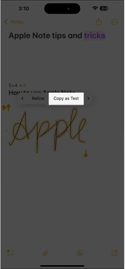 Using the Copy as Text option to copy a handwritten text in Apple Notes