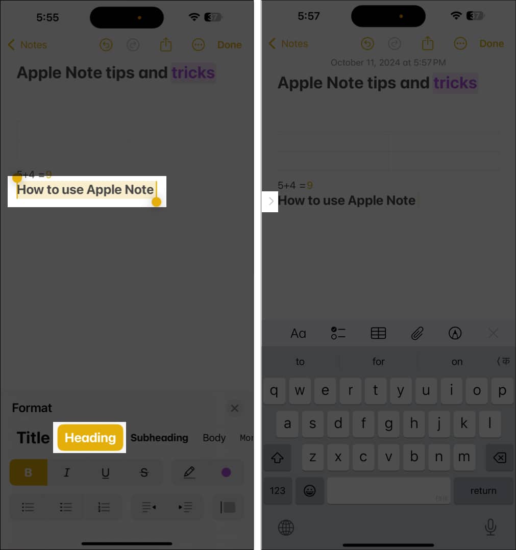 Creating a heading in a note in the Notes app on an iPhone