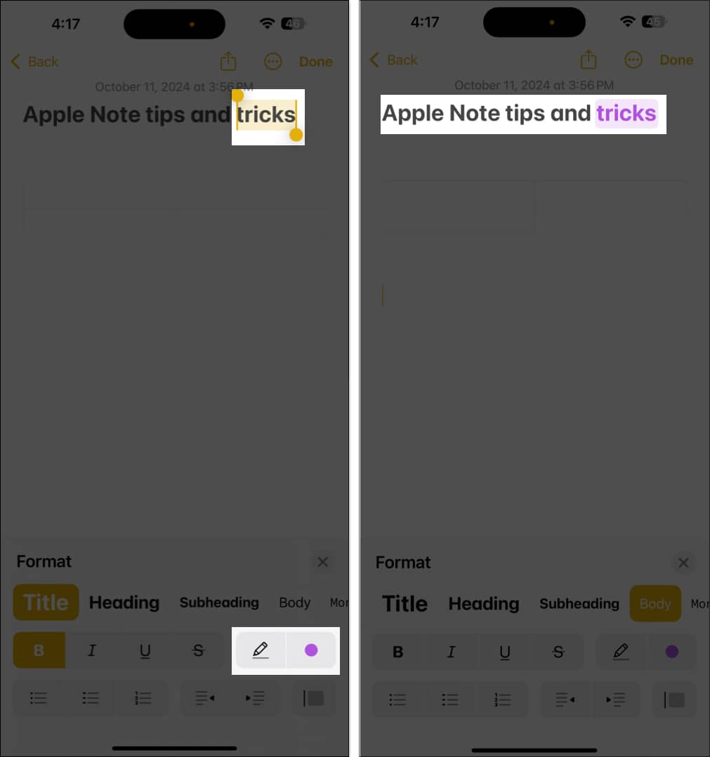 Selecting and highlighting text in the iOS Notes app