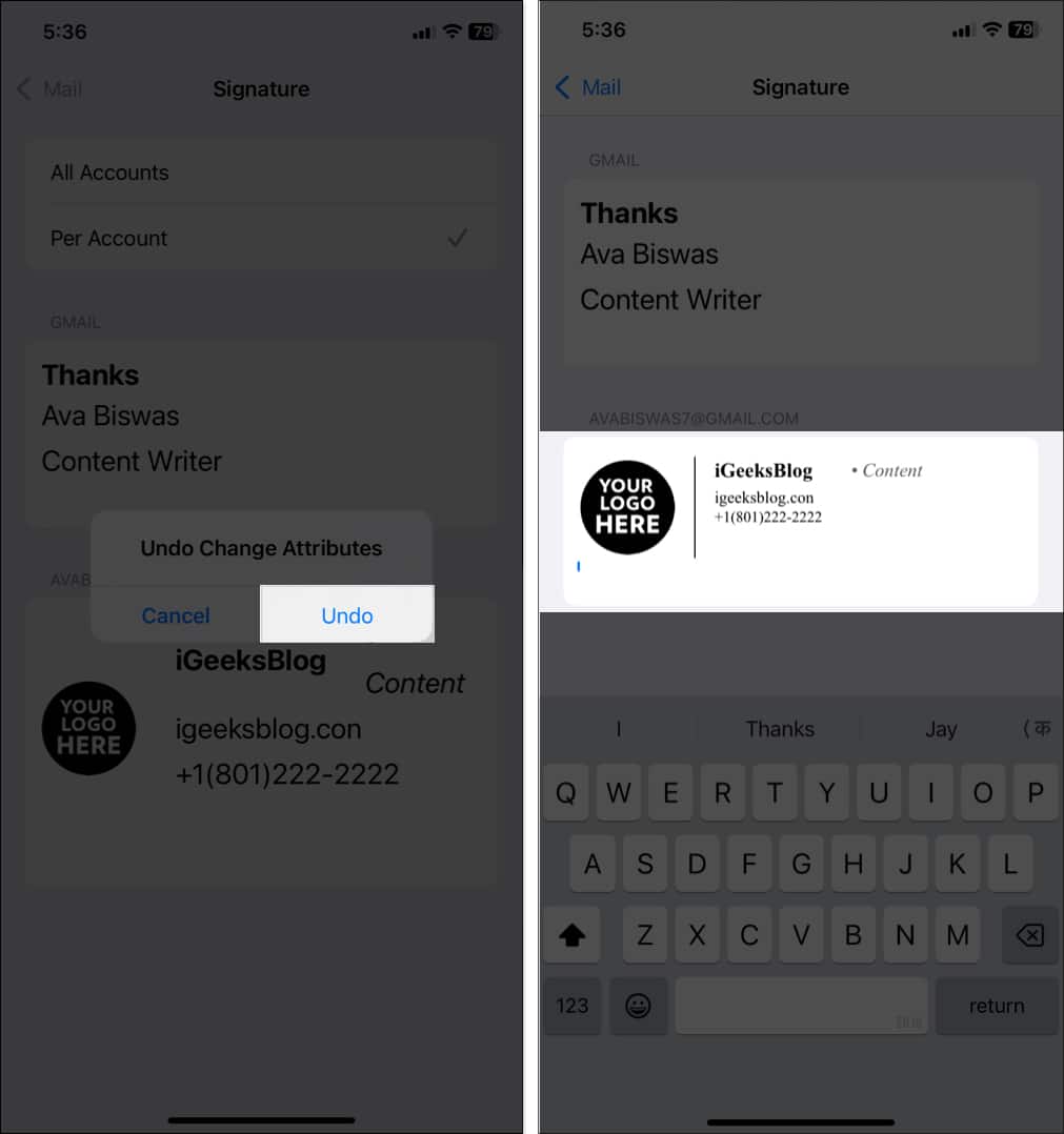 Undo formatting changes to the custom signature on an iPhone