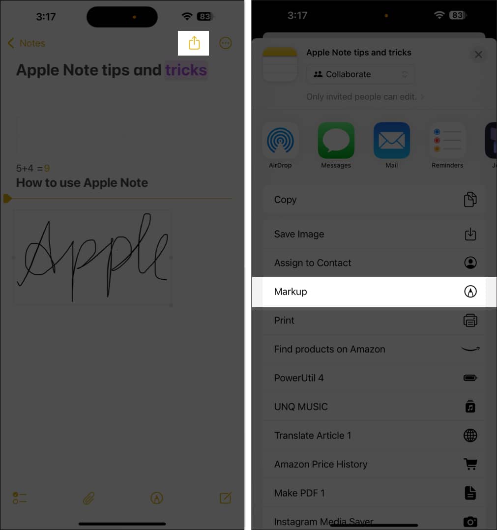 Accessing the Markup option on a note in Apple Notes