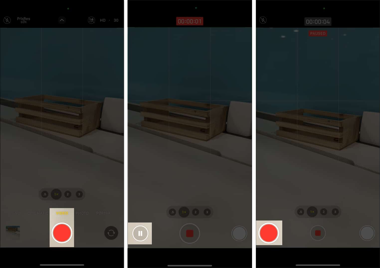 Start recording video and tap on Pause button on iPhone Camera app