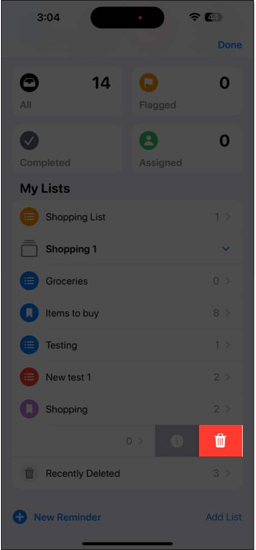 Deleting a reminders list in Reminders app