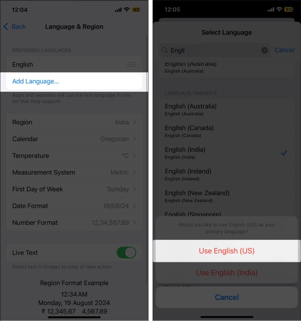 Tap Add Language and make English US primary language