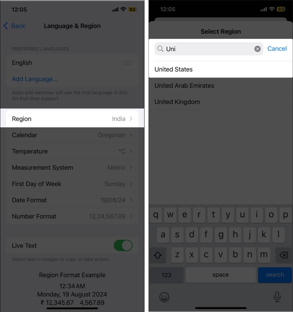 Tap Region and change region to United States