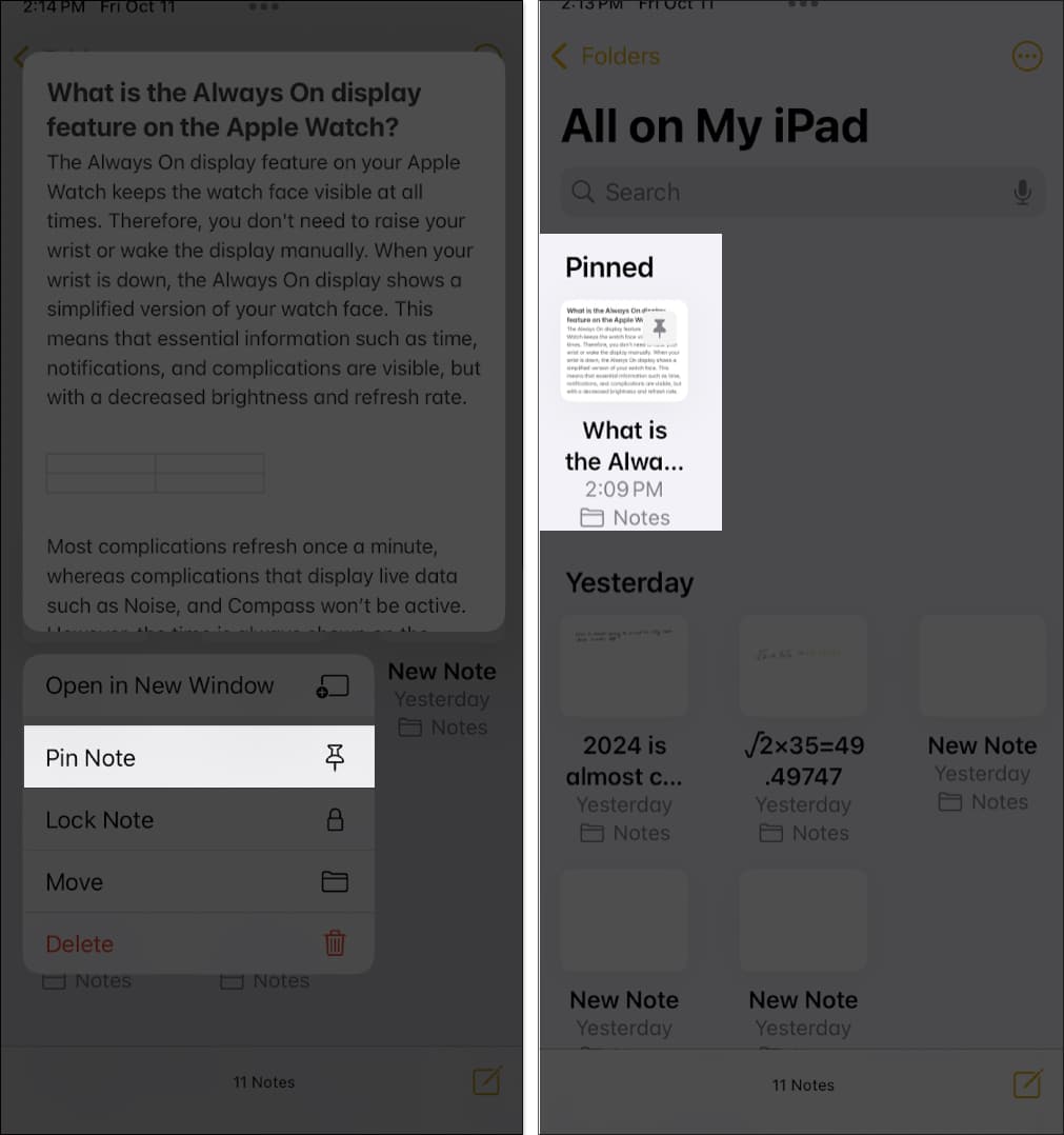 Pinning a note in the iOS Notes app on an iPhone
